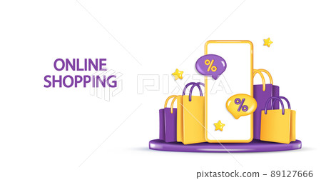 3D e-commerce banner or landing page template. Phone on round podium with cart and shopping items. 3D e-commerce banner or landing page template. Phone on round podium with cart and shopping items. 89127666
