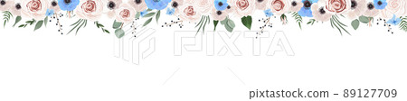 Horisontal botanical vector design banner. Pink rose, eucalyptus, succulents, flowers, greenery. Natural spring card or frame. 89127709