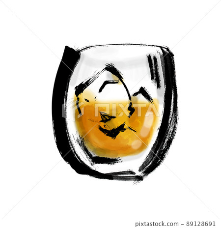 Hand-painted Japanese-style illustration of whiskey in a glass 89128691