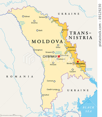 Moldova and Transnistria, political map. Republic of Moldova, with capital Chisinau, and the Pridnestrovian Moldavian Republic, PMR, a disputed and unrecognized breakaway state, with capital Tiraspol. 89129230