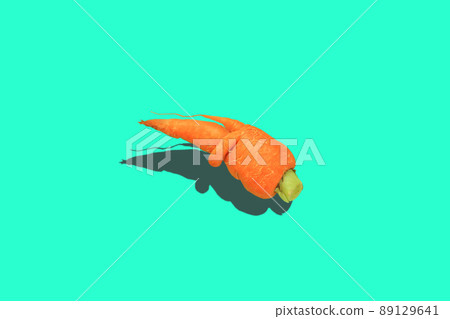Ugly food. Deformed carrots on trendy aqua turquoise background.Food waste problem concept.Minimal flatlay,pop art style Ugly food. Deformed carrots on trendy aqua turquoise background.Food waste problem concept.Minimal flatlay,pop art style 89129641