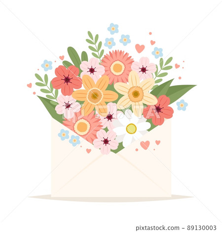 Flowers in envelope. Cute postcard or greeting card template. Vector illustration in flat cartoon style Flowers in envelope. Cute postcard or greeting card template. Vector illustration in flat cartoon style 89130003