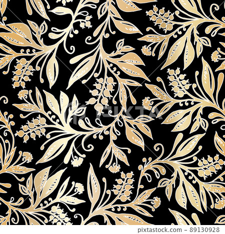 Floral seamless pattern with abstract leaves and berries in gold on black backdrop. Design for wallpapers, wrappings, textiles, fabrics. Floral seamless pattern with abstract leaves and berries in gold on black backdrop. Design for wallpapers, wrappings, textiles, fabrics. 89130928