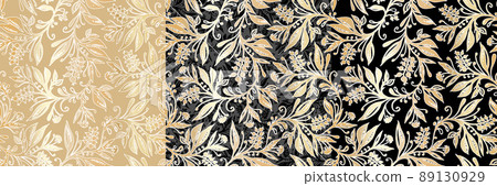 Three Floral seamless patterns with abstract leaves and berries in gold, black, beige and gray. Designs for wallpapers, textiles, fabrics. Three Floral seamless patterns with abstract leaves and berries in gold, black, beige and gray. Designs for wallpapers, textiles, fabrics. 89130929