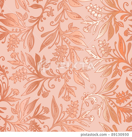 Floral seamless pattern with abstract leaves and berries in coral colors with metallic gradient. Design for wallpapers, wrappings, textiles, fabrics. 89130930
