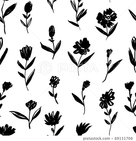 Brush black small flowers with leaves pattern. 89131708