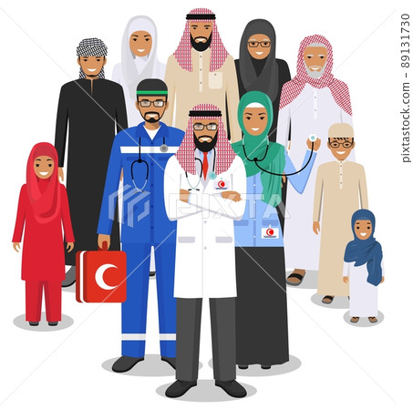 Medical and social concept. Detailed illustration of arabian doctor, nurses and muslim people in flat style isolated on white background. Practitioner doctors and arabic family standing together. Medical and social concept. Detailed illustration of arabian doctor, nurses and muslim people in flat style isolated on white background. Practitioner doctors and arabic family standing together. 89131730