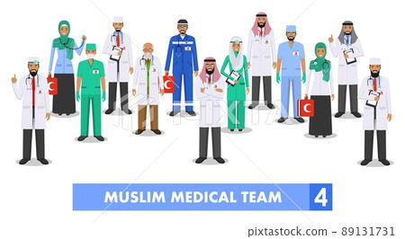 Medical concept. Detailed illustration of muslim arabian doctor and nurses in flat style isolated on white background. Practitioner arabic doctors man and woman standing. Vector illustration. Medical concept. Detailed illustration of muslim arabian doctor and nurses in flat style isolated on white background. Practitioner arabic doctors man and woman standing. Vector illustration. 89131731