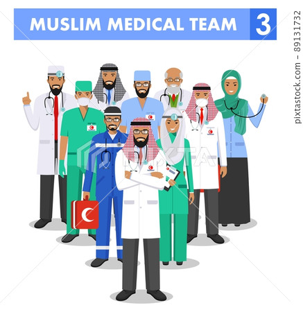 Medical concept. Detailed illustration of muslim arabian doctor and nurses in flat style isolated on white background. Practitioner arabic doctors man and woman standing. Vector illustration. Medical concept. Detailed illustration of muslim arabian doctor and nurses in flat style isolated on white background. Practitioner arabic doctors man and woman standing. Vector illustration. 89131732