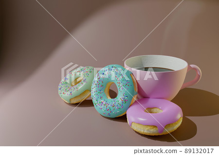 Colorful donuts and coffee 3d render Colorful donuts and coffee 3d render 89132017
