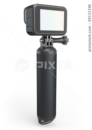 Photo and video lightweight black action camera with monopod on white background 89132396