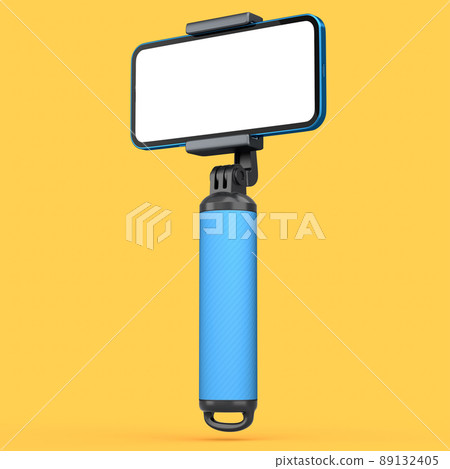 Realistic smartphone with blank white screen and selfie stick isolated on orange 89132405