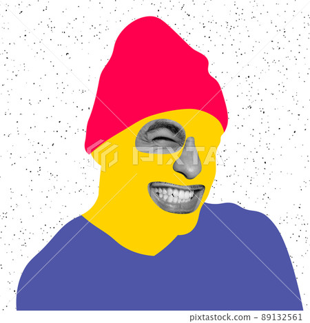 Contemporary colorful and conceptual art collage. Young smiling man in stylish hat isolated over grey background. Drawn face and cloth elements. 89132561