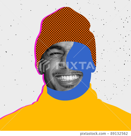 Contemporary colorful and conceptual bright art collage. Young smiling man in drawn stylish hat isolated over grey background 89132562