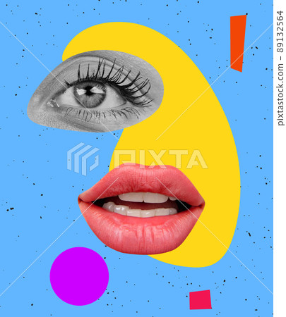 Contemporary colorful and conceptual bright art collage. Modern design. Beautiful female eye and lips, calm expression Contemporary colorful and conceptual bright art collage. Modern design. Beautiful female eye and lips, calm expression 89132564