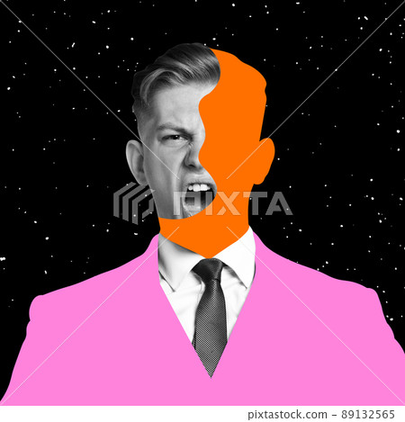 Contemporary colorful and conceptual bright art collage. Stylish young man shouting, screaming, expressing anger isolated over black background 89132565