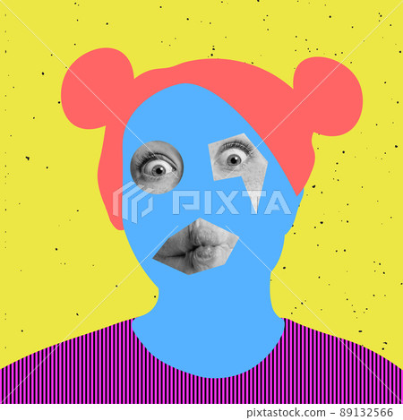 Contemporary colorful and conceptual bright art collage. Young woman making funny face isolated over yellow background 89132566