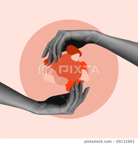 Care. Female hands with abstract elements on light background. Concept of human relations, relationship, feelings or love. Art collage Care. Female hands with abstract elements on light background. Concept of human relations, relationship, feelings or love. Art collage 89132661