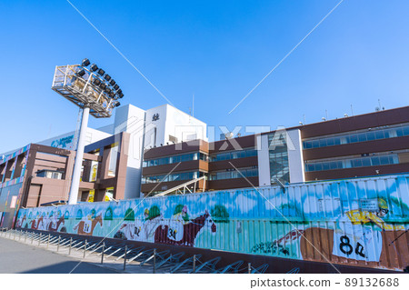 View of Kawasaki cityscape of Japan, such as Kawasaki Racecourse. Kawasaki Horse Racing, known for its tight course curves 89132688