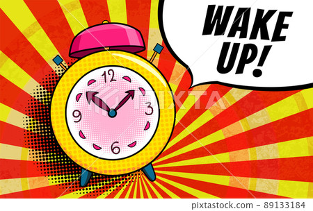 Comic alarm clock. Pop art colorful and dynamic cartoonish icon in retro style. Vector bright cartoon object with halftone dots shadow and expression wake up in speech bubble 89133184