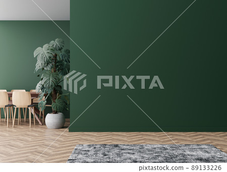 Room with parquet floor, dark green wall and empty space. Table with chairs, monstera plant. Mock up interior. Free, copy space for your furniture, picture, decoration and other objects. 3D rendering. 89133226