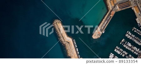 Aerial shot moored vessels in marina of Calpe. Spain 89133354