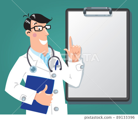 Funny doctor with clipboard. Design template 89133396