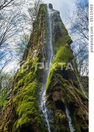 Amazing spring picturesque waterfall on steep rocky cliff. The former Orlovsky estates park, Maliivtsi, Khmelnytsky region, Ukraine. 89133469