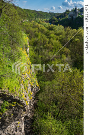 View from Novoplanivskiy Bridge to the Smotrych River Canyon, Kamianets-Podilskyi, one of the most popular towns for travel in Ukraine. 89133471