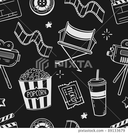 Doodle seamless pattern cinema flapping board film popcorn 3d glasses loudspeaker Vector illustration in doodle style isolated on black background Doodle seamless pattern cinema flapping board film popcorn 3d glasses loudspeaker Vector illustration in doodle style isolated on black background 89133679