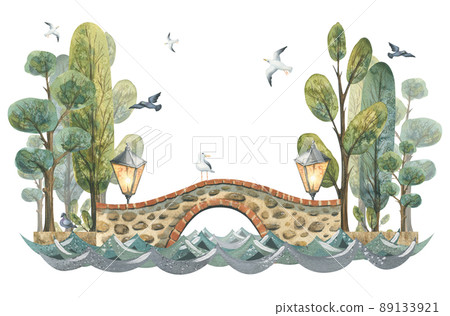 Watercolor illustration of a composition of cute old town houses. 89133921