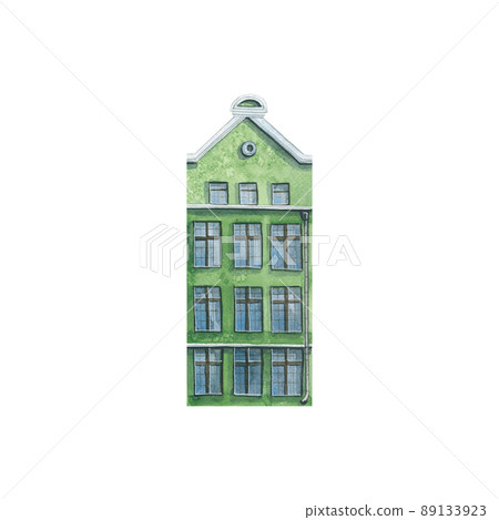 Watercolor illustration of the house of the old European city. Isolated. Green. For decoration 89133923