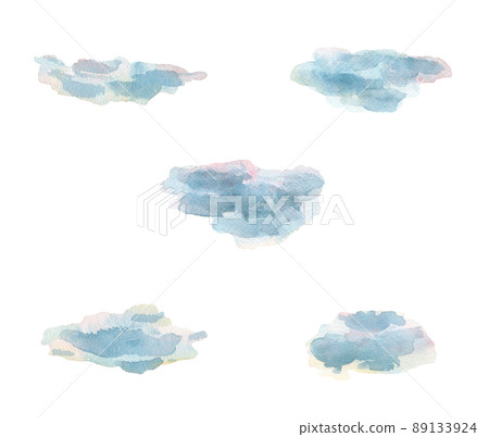 Watercolor illustration of a set of cute, airy, blue clouds. Isolated. For decoration 89133924