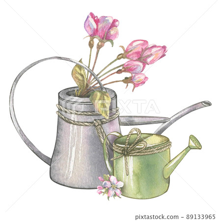 Watercolor illustration composition of flowering fruit trees and garden tools. A fresh and beautiful floral set for springtime. 89133965