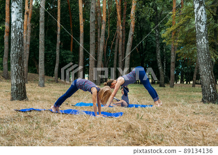 Family fitness and yoga. Happy mom exercising with baby girls on grassy land against trees in forest. Young woman doing yoga exercise outdoors with her daughters together Family fitness and yoga. Happy mom exercising with baby girls on grassy land against trees in forest. Young woman doing yoga exercise outdoors with her daughters together 89134136