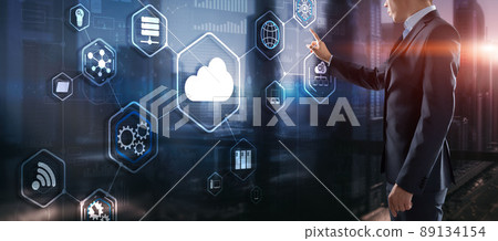 Futuristic Display. Cloud computing touchscreen interface business man finger touch cloud Futuristic Display. Cloud computing touchscreen interface business man finger touch cloud 89134154