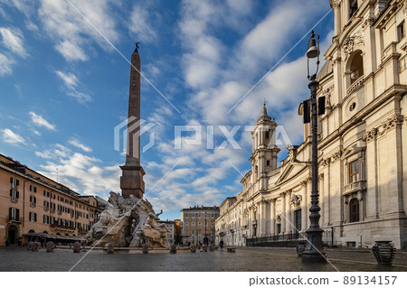Piazza Navona with The Fountain of Four Rivers (Fontana dei Quattro Fiumi) and Church of Saint Agnes. Rome, Italy. Piazza Navona with The Fountain of Four Rivers (Fontana dei Quattro Fiumi) and Church of Saint Agnes. Rome, Italy. 89134157