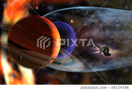 Spaceship flies in alien galaxy with planets and stars. Elements of this image furnished by NASA. 89134396