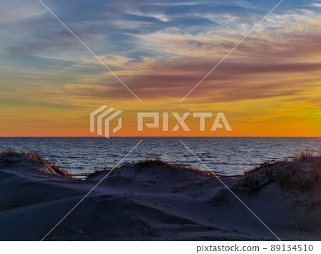 beautiful Baltic sea, Palanga seaside view., sunset at the sea, dunes. Copy space, pattern, wallpaper, banner, cover, mockup, for your design horizontal 89134510