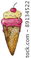 Hand drawn watercolor ice cream cone. Summer sweet food, guilty pleasure. 89134522