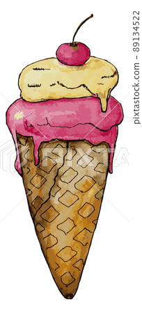 Hand drawn watercolor ice cream cone. Summer sweet food, guilty pleasure. Hand drawn watercolor ice cream cone. Summer sweet food, guilty pleasure. 89134522