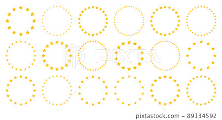 Stars of various sizes arranged in a circle. Round frame, border. Yellow star shape, simple symbol. Design element, ornament. Vector illustration 89134592