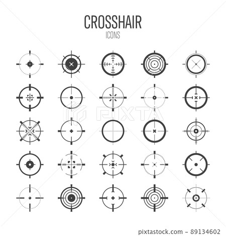 Crosshair, gun sight vector icons. Bullseye, black target or aim symbol. Military rifle scope, shooting mark sign. Targeting, aiming for a shot. Archery, hunting and sports shooting. Game UI element. Crosshair, gun sight vector icons. Bullseye, black target or aim symbol. Military rifle scope, shooting mark sign. Targeting, aiming for a shot. Archery, hunting and sports shooting. Game UI element. 89134602