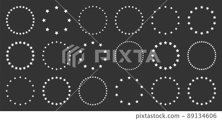 White stars of various sizes arranged in a circle. Round frame, border. Black star outline, simple symbol. Design element, ornament. Line art. Vector illustration White stars of various sizes arranged in a circle. Round frame, border. Black star outline, simple symbol. Design element, ornament. Line art. Vector illustration 89134606