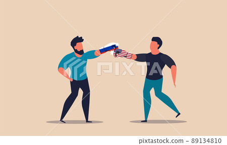 Usa vs russia and sanctions war. Country negotiation and impose duty. Imports trade conflict vector illustration concept. International price fight and american business. Punch dollar and economic 89134810