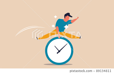 Office time clock and happy businessman. Busy man and deadline. Project schedule and hand plan vector illustration concept. Business character career and jump worker. Confident employee people 89134811