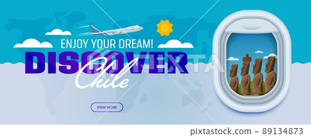 Discover Chili. Traveling the world by plane. Tourism and vacation theme. Attraction of airplane window. Modern flat vector design banner. 89134873