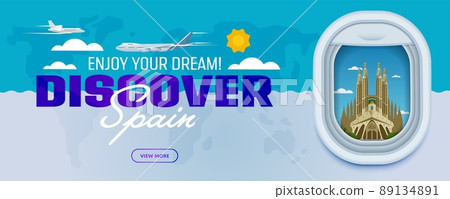 Discover Spain. Traveling the world by plane. Tourism and vacation theme. Attraction of airplane window. Modern flat vector design banner. Discover Spain. Traveling the world by plane. Tourism and vacation theme. Attraction of airplane window. Modern flat vector design banner. 89134891