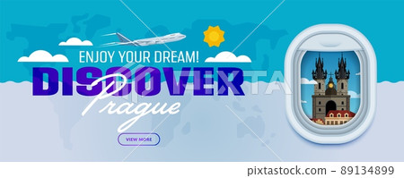 Discover Prague. Traveling the world by plane. Tourism and vacation theme. Modern flat design banner. Attraction of airplane window. Discover Prague. Traveling the world by plane. Tourism and vacation theme. Modern flat design banner. Attraction of airplane window. 89134899