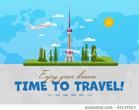 Welcome to China poster with famous attraction vector illustration. Travel design with Oriental Pearl Tower in Shanghai. World travel and tourism, traveling agency banner, China architectural landmark 89134923